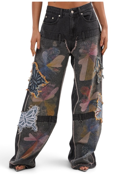AKIRA Denim - BUTTERFLY EFFECT RELAXED DENIM AND RHINESTONE EMBELLISHMENTS